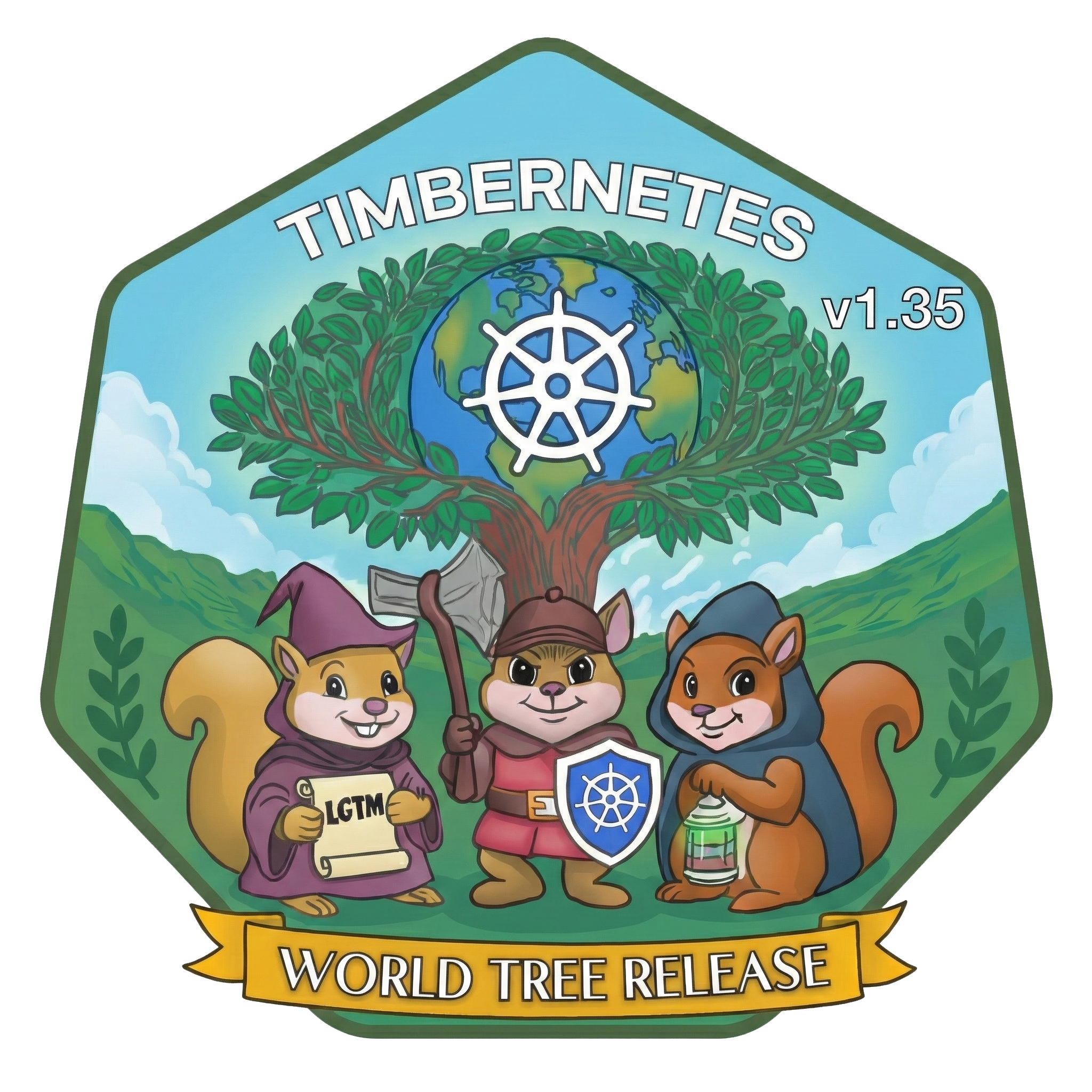 Kubernetes v1.35 Timbernetes logo: a storybook hex badge with a glowing world tree whose branches cradle Earth and a white Kubernetes wheel; three cheerful squirrels stand below—a wizard in a plum robe holding an LGTM scroll, a warrior with an axe and blue Kubernetes shield, and a lantern-carrying rogue in a navy cloak—on green grass above a gold ribbon reading World Tree Release, backed by soft mountains and cloud-swept sky